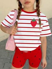 Bộ đồ mùa hè cho bé gái, kiểu dáng thường ngày, đi nghỉ mát và đi làm, in họa tiết dâu tây sọc, gồm áo thun ngắn tay và quần short. - Nhiều màu - Xem 4