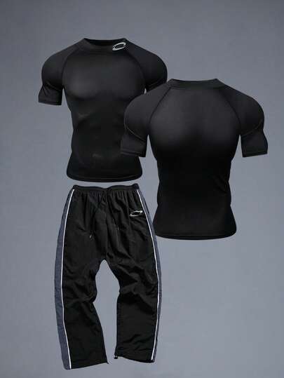 Acti Log Men's Solid Color Minimalist Crew Neck Short Sleeve Sweatpants Sports Suit