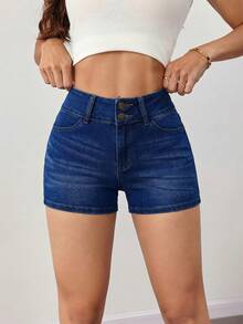SHEIN Tall Women's Summer Casual High Waist Stretch Denim Shorts Slim Fit Butt Lifting Blue Short Jeans With Notched Hem Perfect For Streetwear & Beach Outfits Women's Casual Everyday Commute High Stretch Slim Fit Denim Shorts - Dark Wash - View 4