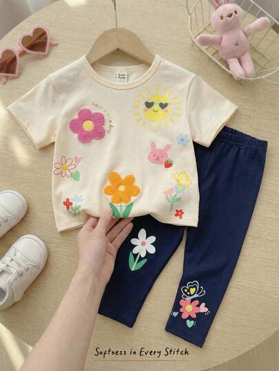 Cozy Pixies Bộ đồ 2 món cho bé gái: Áo len dệt kim mềm mại họa tiết hoa hoạt hình cổ tròn tay raglan và quần cạp chun, thích hợp cho các buổi đi chơi, chụp ảnh đường phố và mặc thường ngày dễ thương.