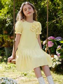 Vestido con decoración floral 3D, dobladillo plisado, para niña preadolescente, de moda casual y versátil, adecuado para primavera y verano - Amarillo - Ver 4