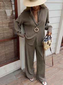 DAZY Spring & Summer Design Sense Shoulder Outfit, Casual, Commute, Professional Wear, Grey Top & Straight Pants Set, Elegant Commute Old Money Style Women 2 Pieces Set - Grey - View 1