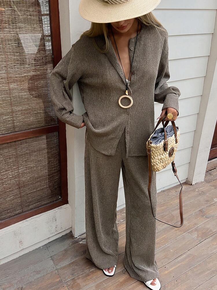Women's Solid Color Single-Breasted Long Sleeve Top And Wide-Leg Pants Casual 2 Pieces Set