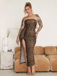 Arliah 女士性感豹纹开衩抹胸连衣裙，夏季 - 彩色 - 查看 5