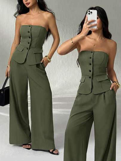 SHEIN PETITE 1 Set Solid Color Fitted Camisole Top And Elegant Pants Suit In Fall/Winter