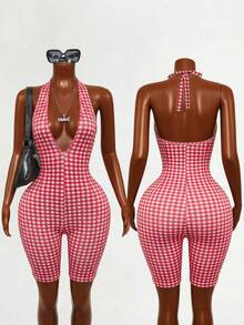 SHEIN Tall Bộ jumpsuit nữ kẻ caro thời trang cổ yếm hở lưng, thích hợp cho mùa hè. - Đỏ và trắng - Xem 1