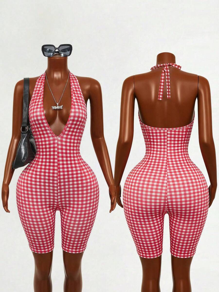 SHEIN Tall Bộ jumpsuit nữ kẻ caro thời trang cổ yếm hở lưng, thích hợp cho mùa hè. - Đỏ và trắng - Xem 1