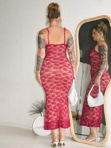 Arliah Váy ôm body ren dệt kim màu trơn cho nữ - Màu Đỏ Sâu - Xem 2
