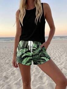 Sylviya Bộ đồ nữ gồm áo tank top cổ tròn và quần short, thích hợp cho mùa hè. - màu đen - Xem 2