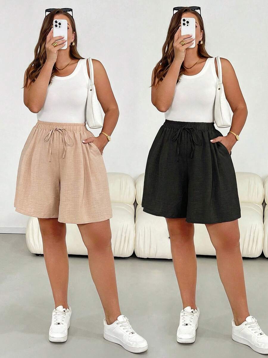 SHEIN Essnce Plus-Size Women's Spring/Summer Fashionable Casual Loose Comfortable Everyday Basic Versatile Slimming Elastic Waist Shorts/Pants 2 Pack,Women Bottom,Summer Clothes,Vacation Outfits,Culottes,Baggy Shorts,Black And Khaki Shorts Wide Leg Shorts Summer Short Sets Women 2 Piece Sets Woman Shorts Shorts For Women Work Shorts For Women - Multicolor - View 1
