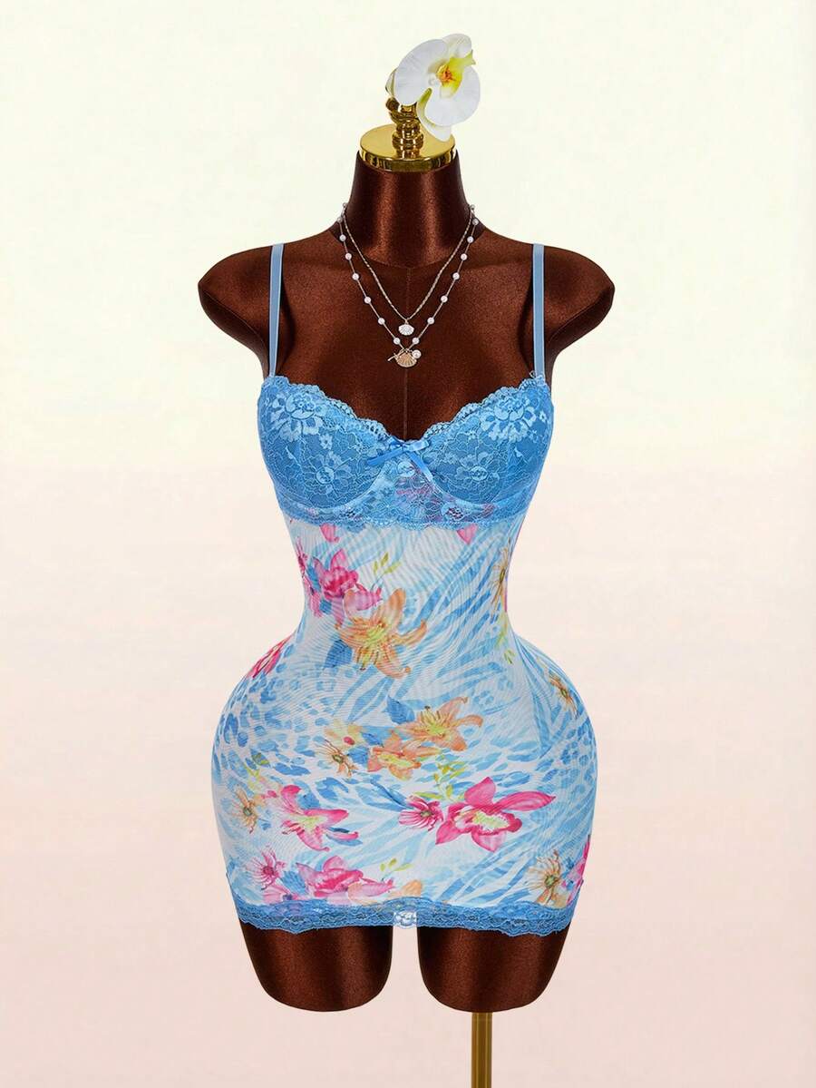 Amplova Lace Cup Detail Tropical Floral Mesh Bodycon Mini Dress Body Fitting Dress Hot Dresses For Women Women's Summer Outfits Body Shaping Dress Y2k Summer Outfits For Women Spring Clothes Women Festival Outfits For Women Easter Dress Women Party Clothing Wedding Guest Clothing For Women Graduation Clothing Casual Clothing For Women Holiday Outfits For Women - Blue - View 1