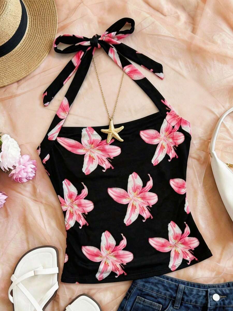 SHEIN 少女度假针织粉色芙蓉花印花露背吊带衫，腰部褶皱修身时尚款式，适合春夏季节、派对、约会、情人节、下午茶、复活节、狂欢节、海滩游轮度假等场合。 - 彩色 - 查看 1