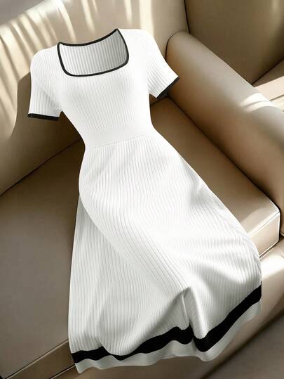 Franclia Đầm dệt kim tay ngắn dáng ôm dành cho nữ, cổ vuông, thắt eo, phối màu, vạt xòe, kiểu dáng thường ngày.
