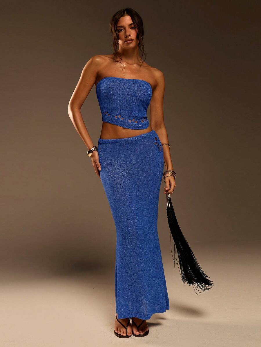 Athîral Bộ đồ nữ dệt kim dáng suông vai lệch, thích hợp cho kỳ nghỉ hè, gồm áo và chân váy, kiểu dáng thường ngày. - Màu xanh lam - Xem 1