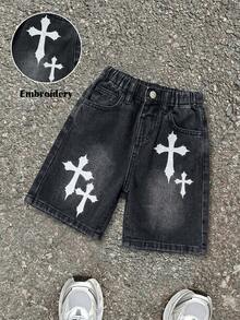 Quần short denim rộng rãi thêu chữ thập cho bé trai, màu xanh dương. - màu đen - Xem 1