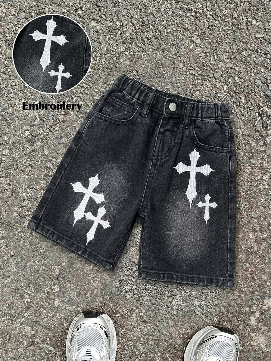 Quần short denim rộng rãi thêu chữ thập cho bé trai, màu xanh dương. - màu đen - Xem 1