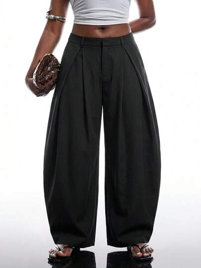 SHEIN EZwear 复古休闲街头风宽松橄榄绿弧形裤脚大码长裤，秋冬款