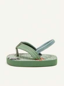 Cozy Pixies 1 双男女童卡通海洋动物印花绿色条纹人字拖，休闲夏季沙滩鞋，适合儿童日常穿着和海滩度假（图案随机） - 綠色 - 查看 3