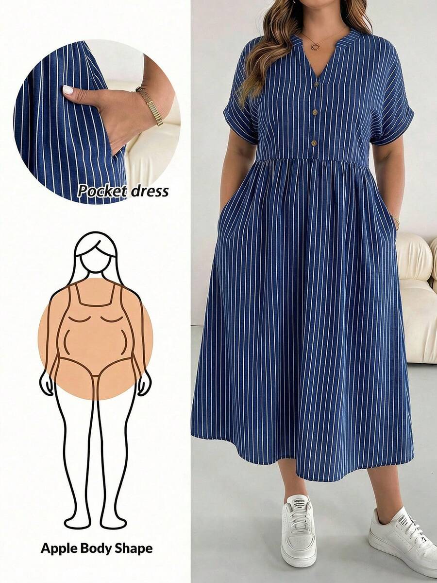 SHEIN Essnce 蓝色条纹印花加大码连衣裙 - 彩色 - 查看 1