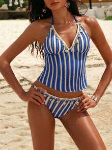 Swim Chiccia Women's Summer Beach Striped Shell Decor Halter Tankini Top And Triangle Bottoms Swimsuit Set - Blue and White - View 5