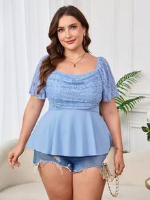 SHEIN Clasi Blusa feminina plus size elegante e romântica em chiffon com mangas, gola e barra franzidas. - Azul - Ver 4