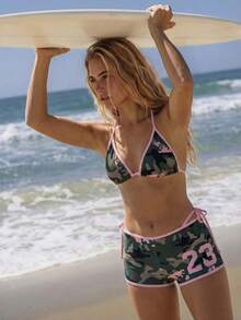 Bonvoyette Women's Camouflage Numeral Print 3 PiecesSwimsuit Set, Bikini + Boyshort, Fashion Young, For Beach, Pool, Surfing, Summer Spring - Pink - View 5