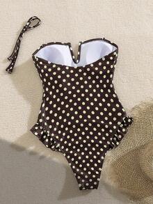 Swim Mod Baju Renang Terusan Wanita Motif Polkadot untuk Liburan Musim Panas, Tali Bahu Lepas Pasang, Dekorasi Ruffle, Leher V - MultiWarna - View 2