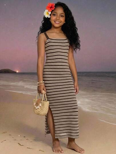 SHEIN Tween Girls Red Beaded Halter Dress, Elegant, Fashionable, Versatile, Suitable For Party, Outing, Sister Photo Shoot, Park, Camping, Vacation, Casual Daily Wear