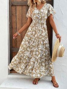 Breezaya Floral Print Knot Front Ruffle Hem Dress Maxi Vacation Beach Outfits Women - Khaki - View 5