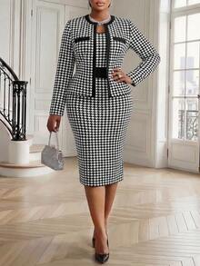 Fleurora Setelan 2 Potong Elegan 2 Potong Motif Houndstooth Ukuran Plus, Gaun Cokelat, Gaun Musim Dingin - Hitam dan Putih - View 6