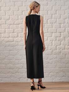 Anewsta Women's High-End Luxury Design Slit Fitted Dress, Suitable For Summer Party, Wedding Guest, Black Elegant Dress - Black - View 3