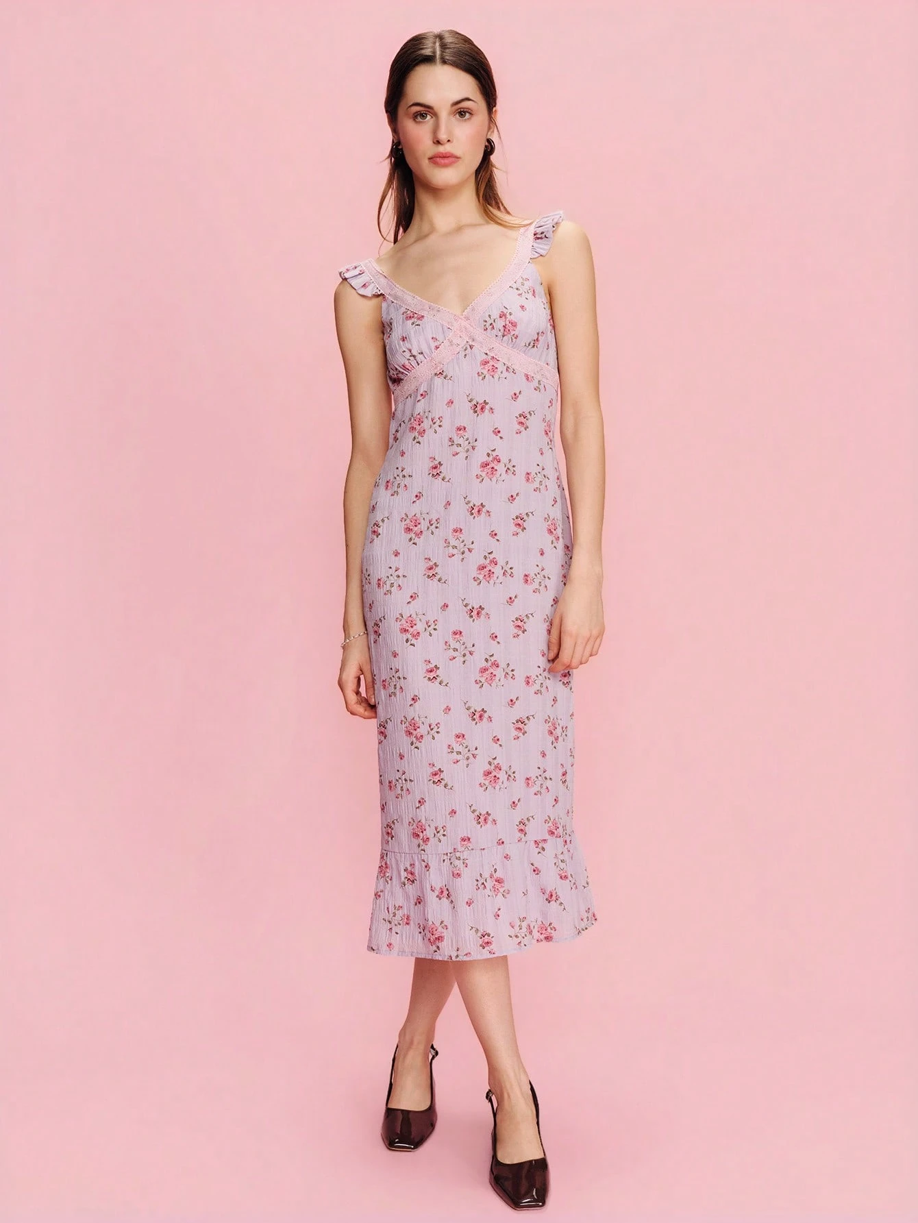 Lilac Check And Rose Print Midi Dress With Pink Lace Trim, Romantic French Style Spring,Summer Dress