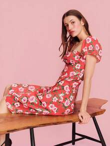 lacRébo Pink Floral Print Red Woven Midi Dress With Short Sleeves And Open Back Detail Chic Spring Summer Holiday Dress Red Vacation Dress French Style Parisian Style - Red - View 5