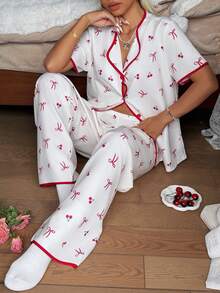 SHEIN Bow & Cherry Print Bubble Crinkle Cardigan Short Sleeve & Pants Women Pajama Set - Red - View 5