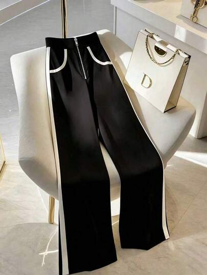Franclia Women's High-Waisted, Wide-Leg, Slim-Fitting Black Suit Trousers With Metal Zipper Details. Made Of Black And White Patchwork Fabric, These Trousers Are Suitable For Summer, Spring, Carnivals, Beach, Parties, Birthdays, Elegant Occasions, Vacations, Casual Wear, And Graduation Seasons. (Keywords: Summer Holiday Outfits, Women's Summer Outfits, Summer Outfits, Summer Holiday Outfits, Women's Spring Outfits, Spring Clothing, Spring Outfits, Spring Clothing, Women's Outfits, Clothing, Carnival, Carnival Clothing, Carnival Women, Parties, Beach Trousers, Beach, Women's Elegant Outfits, Women's Vacation Outfits, Women's Holiday Outfits, Summer Vacation Outfits, Women's Casual Trousers, Women's Casual Outfits, Women's Casual Pants, Black Trousers)Graduation Season Attire, Fashionable Casual Commuter Wear, Business Office Wear, Versatile And Stylish Everyday Casual Wear, Urban Teacher's Professional Attire