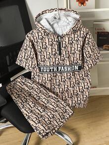 Mirajuku 2pcs/Set Tween Boys' Allover Print Hooded Polo T-Shirt And Matching Shorts, Soft And Comfortable Fabric, Suitable For Summer, Outdoor, Sports, Photography, School And Various Occasions - Khaki - View 6
