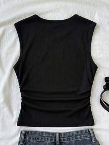 SHEIN Teen Girls T-Shirts Summer Solid Ruched Side Tank Top - Black - View 2