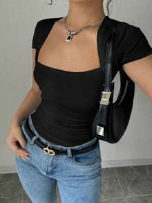 Rafferiza Áo thun nữ màu đen ôm sát, cổ chữ U, xếp ly, chất liệu cotton co giãn cao, thích hợp cho mùa xuân/hè. - màu đen - Xem 4