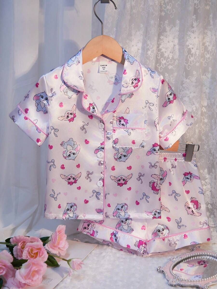 2pcs/Set Piyama Anak Perempuan Motif Kelinci Lucu, Kardigan Lengan Pendek dan Celana Pendek - Berwarna merah muda - View 1