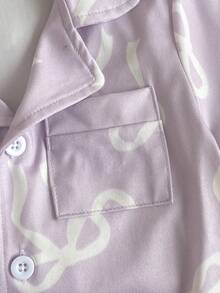SHEIN 2-Piece Baby Girls Lavender White Bow Print Pajamas,Cute Summer Holiday Sleepwear Set,Soft Knit Lapel Collar Short Sleeve Cardigan & Long Pants Set - Mauve Purple - View 7