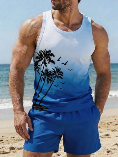 VIVINTIMO Komplet męski z pełnym zakryciem, składający się z topu i spodenek z nadrukiem Ombre Blue Print, odpowiedni na nieformalne wyjścia, wakacje i na Hawaje.