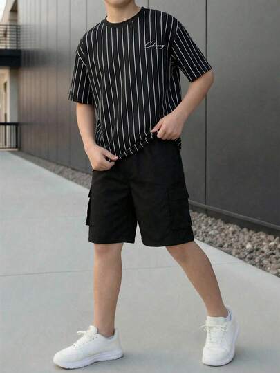 Vacaura 2pcs Teenage Spring/Summer New Arrival Round Neck Black & White Striped Letter Print Short Sleeve T-Shirt + Shorts Casual Sports Set