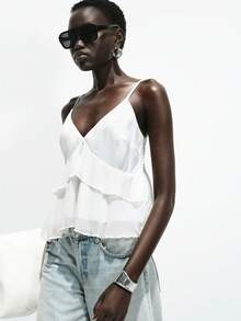 Lumivelle Áo hai dây mùa hè dành cho nữ, kiểu dáng bèo nhún, dây mảnh. - trắng - Xem 6