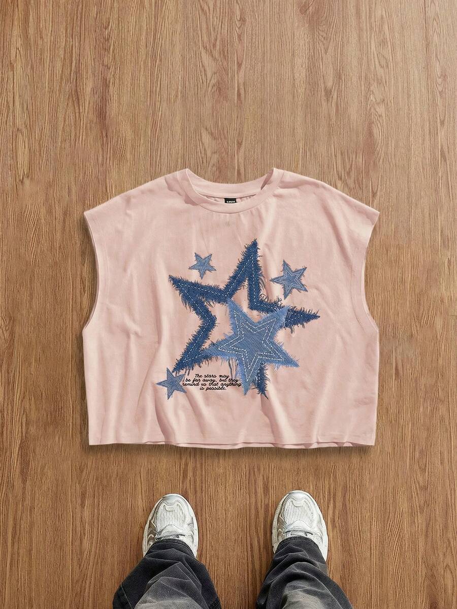 Manfinity Joysei Men's Slogan Print Cropped Oversized Tank Top, Pink - Baby Pink - View 1