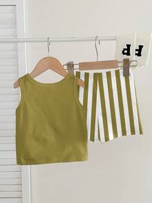 SHEIN Conjunto informal y cómodo para bebé niño, con estampado clásico de palmeras y pantalones a rayas, adecuado para la playa y vacaciones, primavera/verano - Multicolor - Ver 3