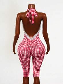 SHEIN PETITE Plaid Lace Trim Backless Halter Jumpsuit - Red and White - View 2