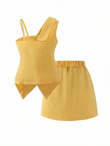 SHEIN Elladie kids 女童（小号）时尚不对称设计套装两件套，优雅卡其色裙装，尽显成熟优雅 - 黃色 - 查看 2