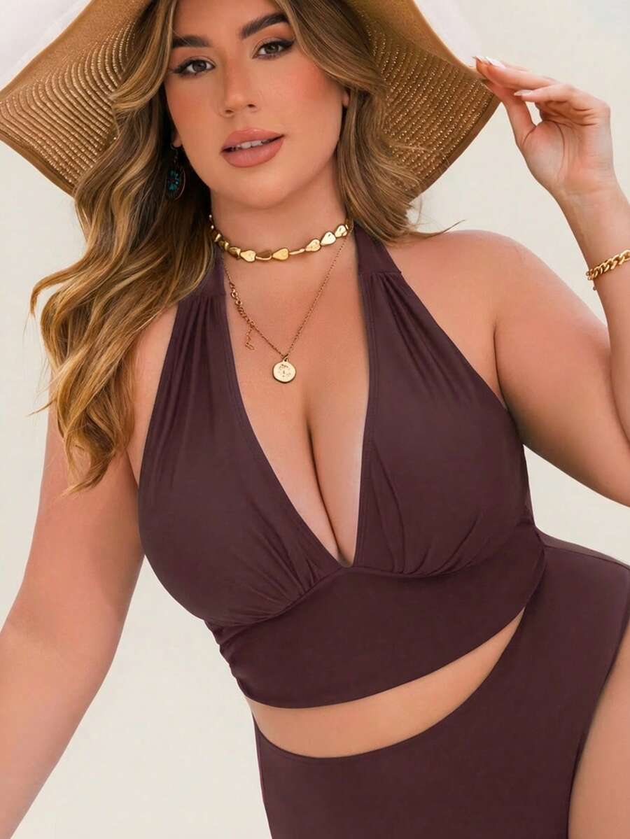SHEIN Swim Lushore 新款优雅百搭大码女式泳衣上装，棕色泳衣上装，休闲舒适，可调节百搭大码泳衣上装，适合度假穿着，女士吊带背心，曲线身材，大码棕色泳衣，大码女式夏季服装 - 棕色 - 查看 1