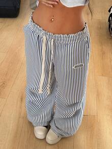 Coolane 女士夏季基本款条纹阔腿运动裤 - 藍白色 - 查看 2