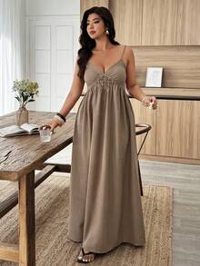 Weeklong Plus Size Women's Casual Sleeveless Ruched Decor A-Line Vacation Dress, Spring/Summer - Brown - View 4